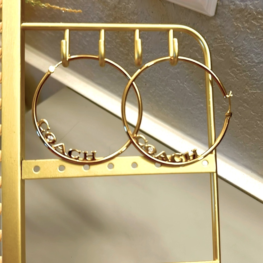 New Coach Signature Medium Large Hoop Earrings Gold with Rhinestone - Picture 7 of 10